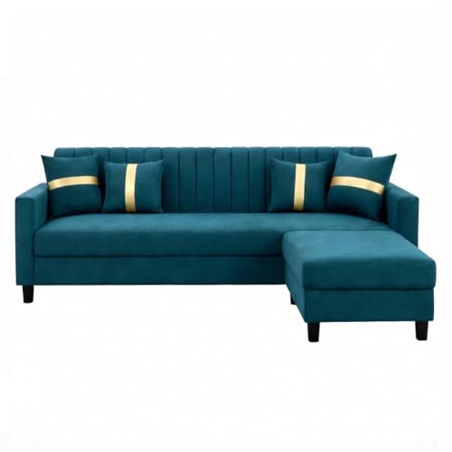 Image of CASASTYLE Korion 4 Seater L Shape Sofa Set with Movable Ottoman | Flexible Left or Right Layout | Cozy Velvet Fabric | Soft Touch Seating | Modern Designer Sofa for Living Room (Greenish Teal)