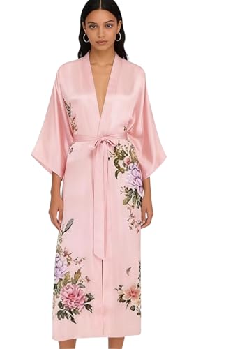 Image of Women's Classic 100% Silk Kimono Robe, Bathrobe-Printed Pattern