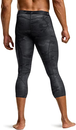 Tsla Men's 3/4 Compression Pants, Running Workout Tights, Cool Dry Capri Athletic Leggings, Yoga Gym Base Layer, Core 2Pack Capris Black/Camo Black, Medium #TOP2
