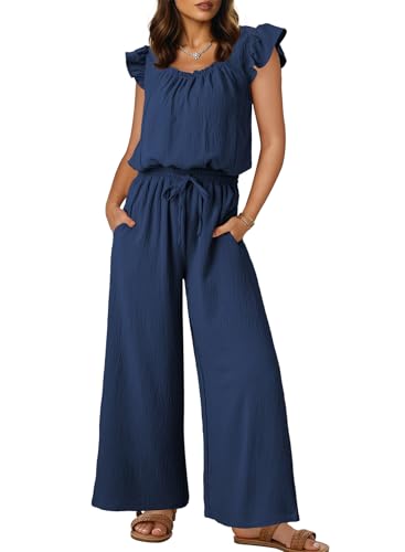Dokotoo Jumpsuit Damen Sommer Musselin Latzhose Casual Lose Overalls Weites Bein Hosenanzug Lang Romper Leicht Strand Hawaii Maxikleid, marineblau, L
