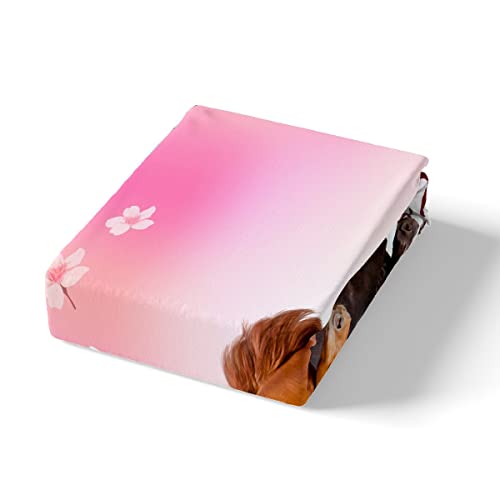 Girls Horse Sheet Set Full Kids Cherry Blossom Galloping Horses Bedding Set Girl Women Soft And Cozy Pink Floral Farmhouse Bed Sheets Set Bedroom 3D Wild Animal Decor Microfiber Bed Set #TOP4