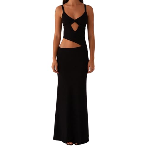 Image of Women's Slip Maxi Dress Knit Sexy Lounge Low Cut Sleeveless Backless Hollow Ribbed Bodycon Dresses Long Dress (Black 2, S)