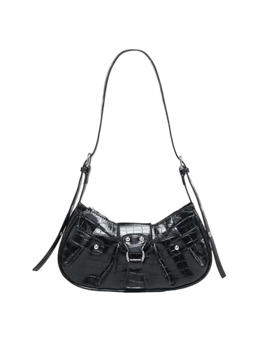 Verdusa Women'S Pleated Hobo Shoulder Bag Pu Leather Clutch Handbag Black Crocodile One-Size cover