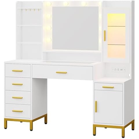 Large Vanity Desk with Mirror & Lights, Makeup Vanity Desk with Charging Station,3 Lights Mode and Brightness Adjustable,6 Drawers and RGB Cabinets, Jewelry Organizer, Dividers, Necklace Hooks White Cover