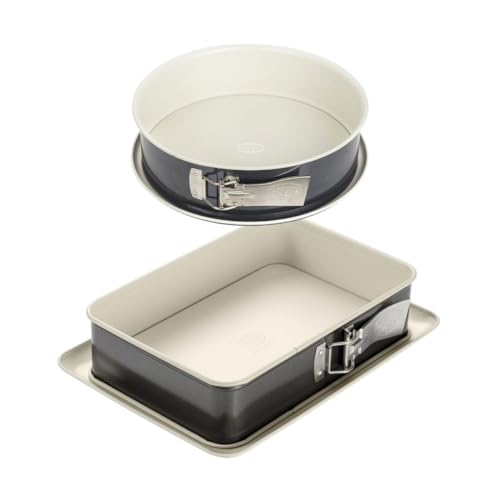 Dr. Oetker 9928950 - Juego de 2 moldes para tartas, bandeja para hornear, molde rectangular con bisagras, molde redondo, acero, cerámica, 28 x 8 cm y 28 x 18 x 7 cm