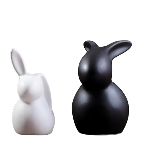 Image of NOSCOMP Modern Sitting Ceramic Rabbit Figurines for Home, Office, and Easter Decor | Set of 2 Minimalist Black and White Bunny Sculptures.