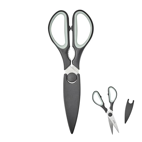 Tovolo Elements All Purpose Kitchen Shear with Cover Sheath Heavy Duty Meat Poultry Sharp Kitchen Utility Scissor Dishwasher Safe Soft Comfort Grip Silicone Handle Magnetic Sheath, Black & Blue Haze
