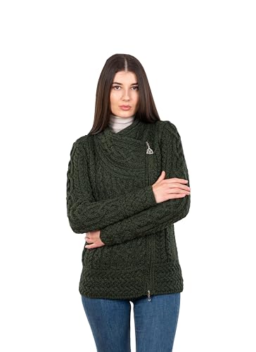 SAOL Irish Cardigan for Women Made of 100% Merino Wool Ireland Sweater Cable Knit Zip Jacket (as1, Alpha, xx_l, Regular, Regular, Army Green)