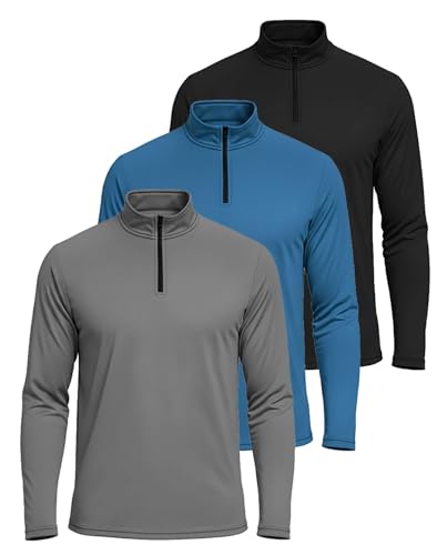 Real Essentials 3 Pack: Men's Dry-Fit Active Quarter Zip Long Sleeve Athletic Performance Pullover (Available in Big & Tall)