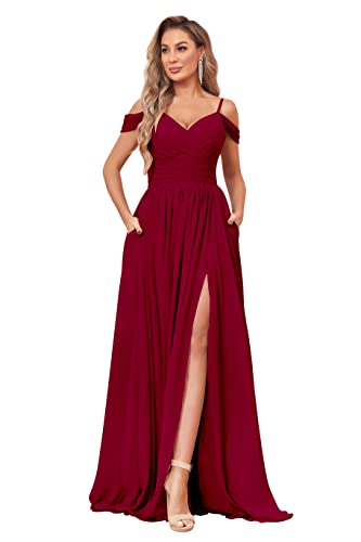Image of BOLENSYE Off the Shoulder Bridesmaid Dresses with Pockets Ruched Chiffon Long Slit Formal Evening Gown