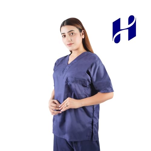 Image of Comfort Scrub Suit for Women - 5-Pocket Set with V Neck Top & Bottom, Half Sleeves, Breathable Fabric - Durable Uniform for Doctors, Nurses, and Dentists in Navy Blue (XL, NAVY BLUE)