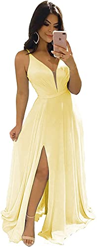 Vipgowns Vestido de noche para mujer, cuello en V, largo, con tirantes finos, de satén, para novia, dama de honor, formal., amarillo, 40 Cover