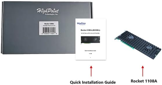 Contents of the Highpoint Rocket 1108A package including the HBA, quick installation guide, and product box