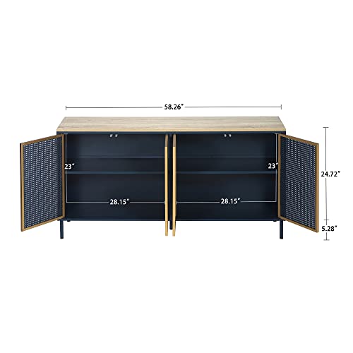 Phoyal Buffet Sideboard Storage Cabinet, Storage Sideboard With 4 Rattan Doors And Adjustable Shelves, Accent Cabinet Kitchen Storage Cabinet For Entryway Living Room, Blue #TOP1