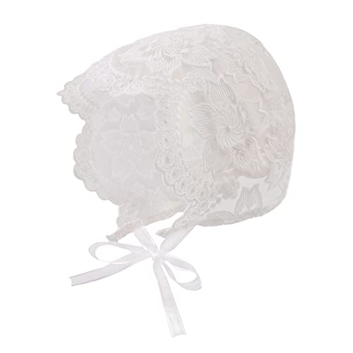 Baby Girl Bonnet Eyelet Lace Cotton Christening Bonnet Toddler Handmade Beanie Sun Protection Hat (Peach Flower, 3-9M)