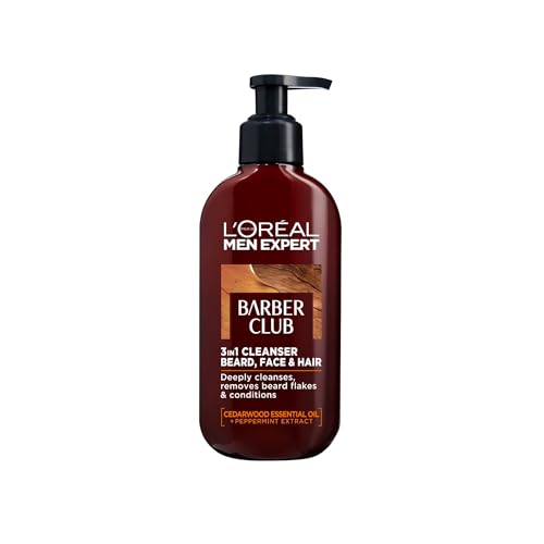 L’Oréal Paris Men Expert Cleansing 3-in-1 Beard, Face & Hair Wash 200ml, Barber Club Wash With Cedarwood Essential Oil, Deeply Cleanses and Removes Beard Flakes