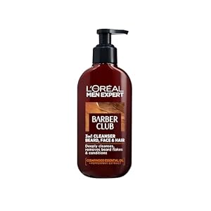 L’Oréal Paris Men Expert Cleansing 3-in-1 Beard, Face & Hair Wash 200ml, Barber Club Wash With Cedarwood Essential Oil, Deeply Cleanses and Removes Beard Flakes