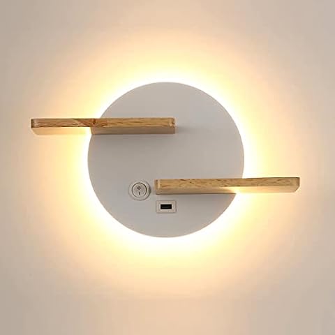 ZMLG 9W LED Wall Lamp with Switch, Modern Children's Room Night Lamp with USB Connection, Metal Round Wall Light with Wooden Shelf, Bedroom Hallway Stairs Interior Lighting,White/Large Cover