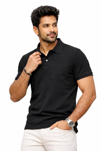 Image of Premium Pique Cotton Pocket Polo T-Shirt for Men | 210-220 GSM | Regular Fit | 2-Button Placket | Soft Breathable Fabric | XS-3XL