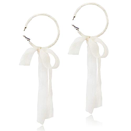 DAMLENG Fashion Lightweight Handmade Black Beaded Hoop Earrings Unique Long Ribbon Bow Tassel Dangle Drop Earrings Jewelry for Women (White)