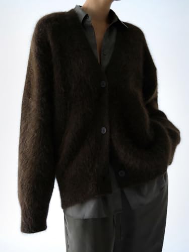 Image of chouyatou Women Furry Open Front Cardigan V-Neck Loose Casual Fluffy Knit Button Down Sweater Coat