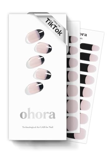 Image of ohora Semi Cured Gel Nail Strips (N Chic French) - Black, French, Works with Any UV /LED Lamps, Salon-Quality, Long Lasting, Easy to Apply & Remove - Includes 2 Prep Pads, Nail File & Wooden Stick