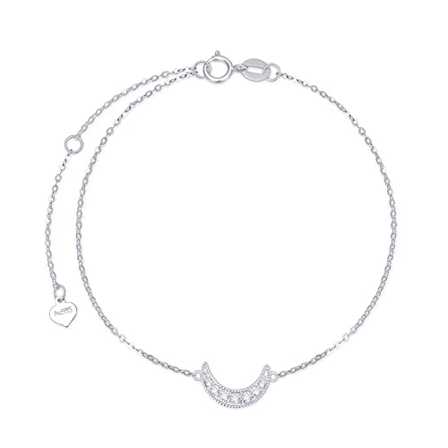 SISGEM 14k White Gold Natural Diamond Moon Anklet for Women, Fine Ankle Bracelet Jewelry Present for Wife, Gifts for Her, (0.1ct, 9.4-11.0 Inch), 14k Gold, Diamond