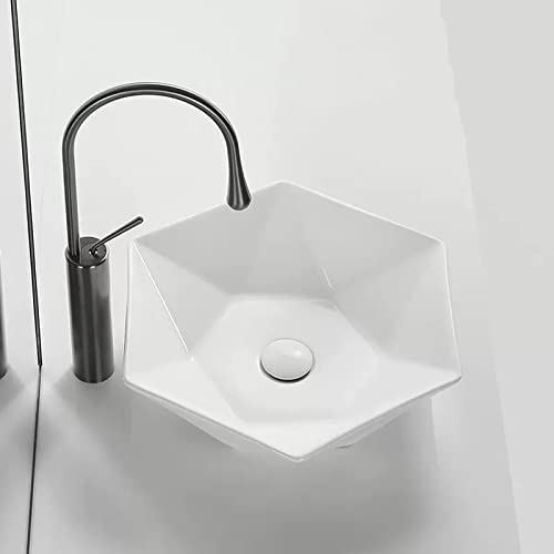 Lavabo de salle de bain hexagonal en céramique blanche compacte avec robinet et bonde - 6