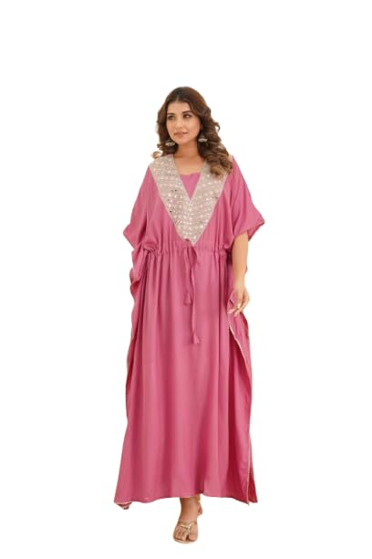 modi factory Women's Mirror Work Kaftan with Drawstring Waist & V-Neck Embroidery.(Peach)-picture-42