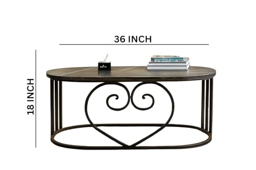 Image of Oval Accent Metal Centre Table with Marble Look Coffee Tables with Engineered Wood Top and Metal Frame, Contemporary Table for Office, Bedroom, or Living Room Full Black