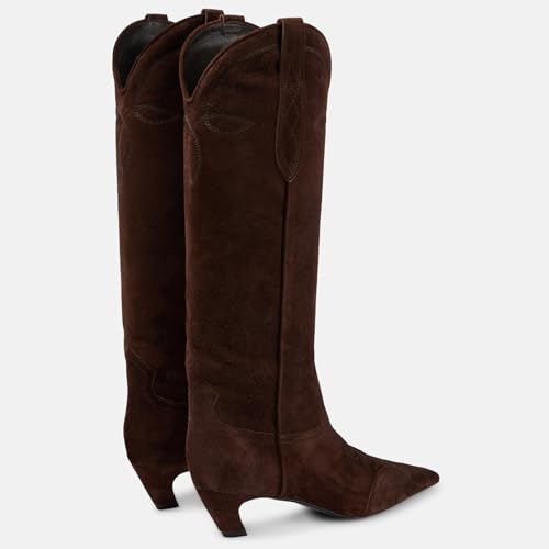 DOEYG Brown Suede Cowboy Boots for Women Pointed Toe Knee High Tall Boots Pull on Wide Calf Western Boots Fashion Dressy Comfortable Long Boots Size 73