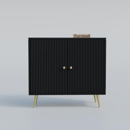 Image of Wooden Storage Cabinet For Living Room & Bedroom | Fluted Design Sideboard Cabinet with 2 Doors Storage Unit | Multipurpose Organizer for Entryway | HDMR Premium Wood|Gold Metal Legs (Black)