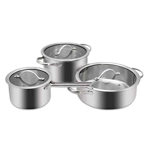 QUSYZD Juego de ollas y sartenes para Cocina, Juego de 3 cacerolas aptas para inducción, Acero Inoxidable, Tapa de Vidrio Templado, Mango Resistente, Apto para diversas Fuentes de calo,