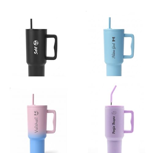 Image of Personalised 1200ml Insulated Stainless Steel Tumbler with Handle and Straw Lid - Large Travel Mug for Coffee & Water, Double Wall Vacuum Cup, Car Cupholder Friendly (Lavender Mist)