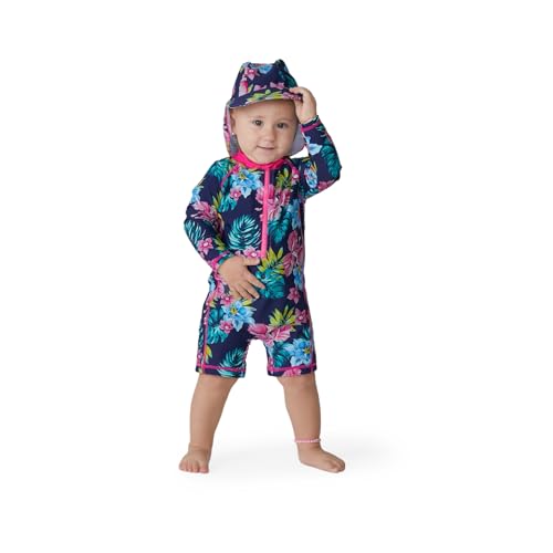Acqua di Mare Maiô Bebê Menina Manga Longa com Chapéu Proteção UV 50+ 6 a 24 meses (Floral Rosa 6 me
