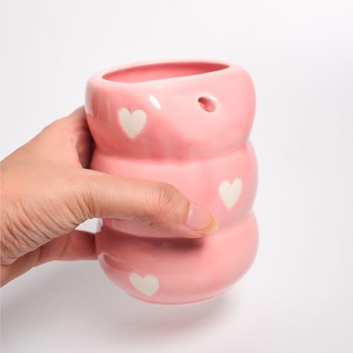 Image of Pink Heart Ceramic Sip Bubble Tumbler with Stainless Steel Straw | Aesthetic, Handmade, Microwave Safe | 220 ML
