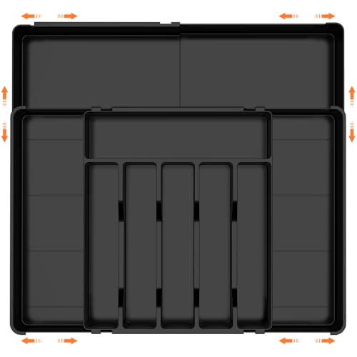 FERRGIA Range Couverts pour Tiroir,6-9 Compartiments,Plateau d'Ustensiles Extensible pour Tiroir,36.5cm-54cm,pour Cuillères Fourchettes Couteaux Vaisselle,Robuste,Facile nettoyer,Noir