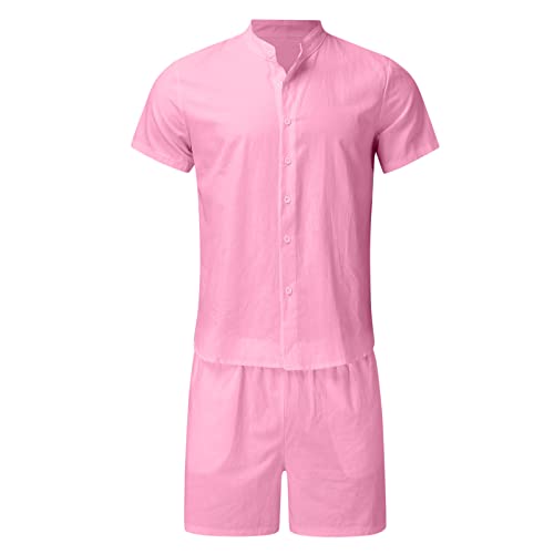 Mens 2 Piece Linen Outfit Stylish Casual Summer Tank Tops Shorts Sets Muscle Short Sleeve Shirt Suits D-Pink #TOP4