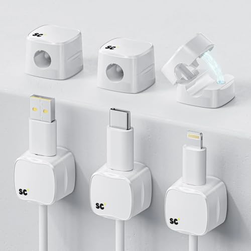 SC+ 6 Pack Clips Magnéticos para Cables • Soporte para Cables bajo Escritorio • Organización de Cables para Oficina en Casa, Teléfono, Auto, Pared, Escritorio, Velador • Soporte Premium para Cables (Blanco) miniatura 1
