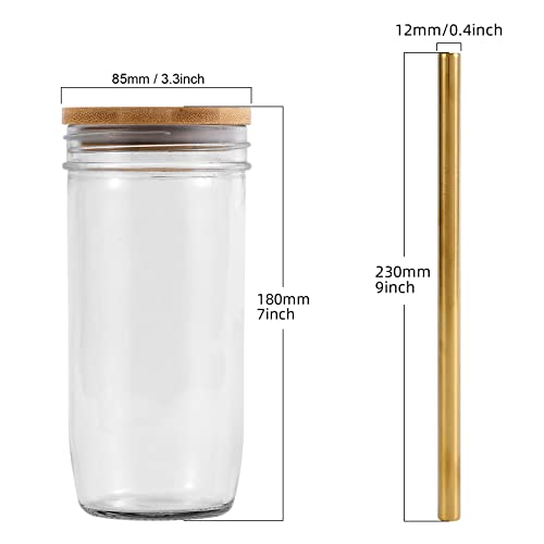 Vikeyhome Bubble Tea Cups 4 Pack 24 Oz, Reusable Wide Mason Mouth Smoothie Cups, Iced Coffee Cups With Bamboo Lids And Gold Straws Mason Jar Drinking Glasses Cups, Travel Glass Drinking Bottle #TOP4