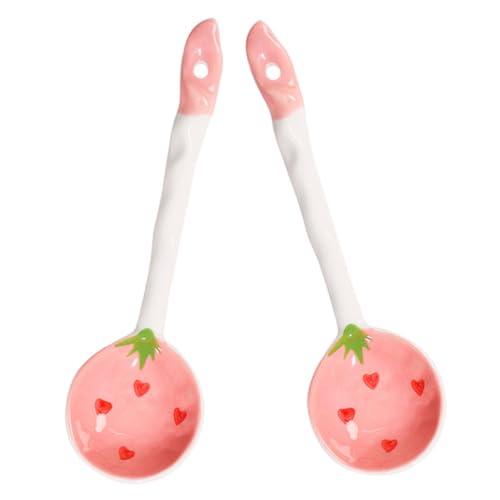 Alipis 2Pcs Strawberry Pattern Ceramic Soup Spoons Charming Dinner Spoons for Daily Use for Porridge Dessert and Soup for Family and Friends