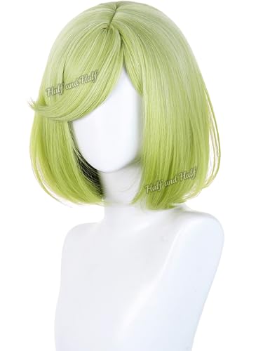 Image of Half and Half Short Light Green Bob Cosplay Wig Green Anime Wizard Costume Wigs with Side Part Bangs for Women Halloween Party Daily