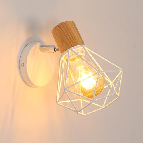 Toolight Applique da Parete Industriale Vintage, E27 Lampada da Parete in Legno, Regolabile 360° Plafoniera da Parete Design Gabbia Interno per Camera da Letto Corridoio Soggiorno Cucina