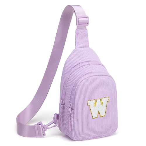 Small Corduroy Sling Bag Initial Crossbody Bag Fanny Pack for Girls Personalized Birthday Gifts for Teen Girls Gifts Lavender W