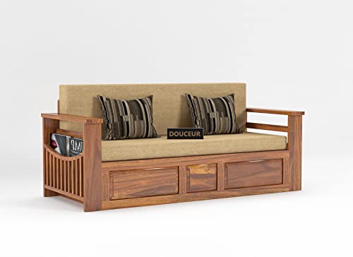 Image of Douceur Furnitures Solid Sheesham Wooden Sofa Cum Bed Queen Size with Storage for Living Room |Wooden Foldable 3 Seater Sofa Cum Bed with Headboard Folding Double Bed for Bedroom (Natural Teak Finish)