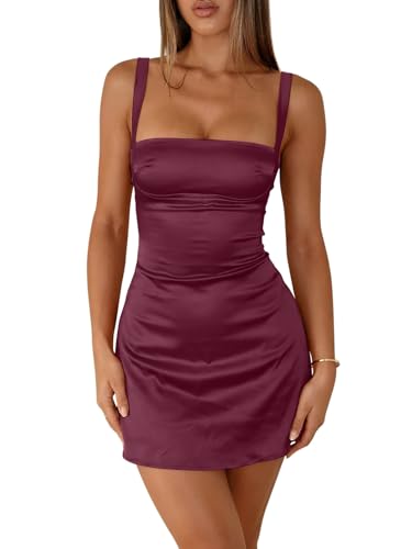 Vidiva Womens Sexy Elegant Satin Sleeveless Square Neck Adjustable Straps Lace Up Corset Mini Dresses for Party Cocktail Birthday Wedding Guest Burgundy Medium