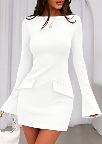 Image of PRETTYGARDEN Womens Fall Long Sleeve Mini Dress 2025 Trendy Boat Neck Bodycon Knit Elegant Short Party Formal Dresses