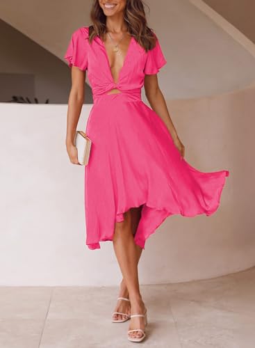 Image of miduo Womens Satin V Neck Ruffle Short Sleeve Tie Front High Waist Midi A-Line Maxi Dresses