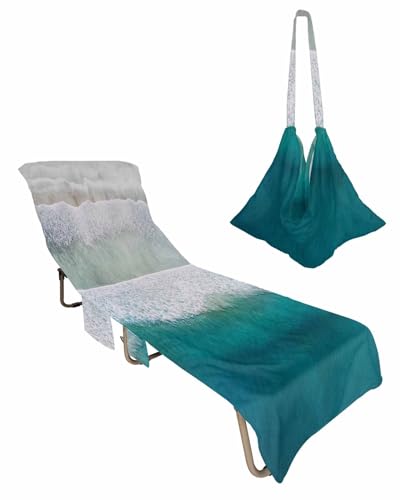Abstract Beach Chair Towel Covers for Chaise Lounge with Side Pocket, Soft Plush Pool Towels Cover for Patio Sunbathing Outdoor 29''x85'' Ocean Multi Seawaves Minimalist Geometric
