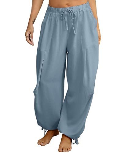 Image of Women's Linen Balloon Barrel Beach Pants Boho Harem Flowy Drawstring Casual Loose Pants with Pockets